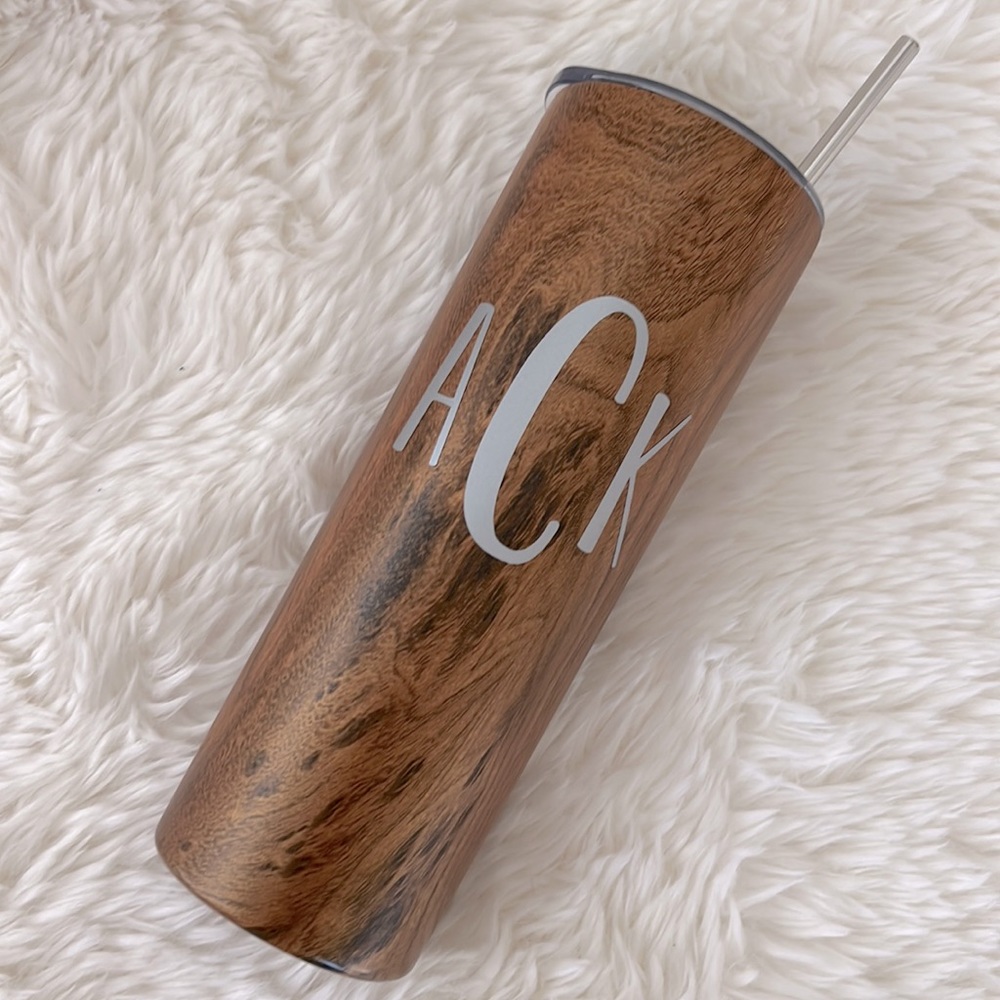 20 oz Personalized Initial Monogram Wood Grain Skinny Tumbler